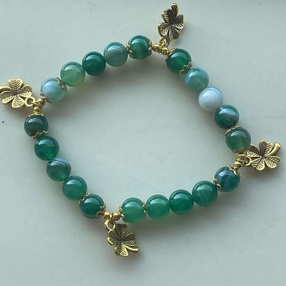 Green dyed agate 4 leaf clover ONE stretch bracelet NEW beaded reiki meditation - Picture 8 of 13